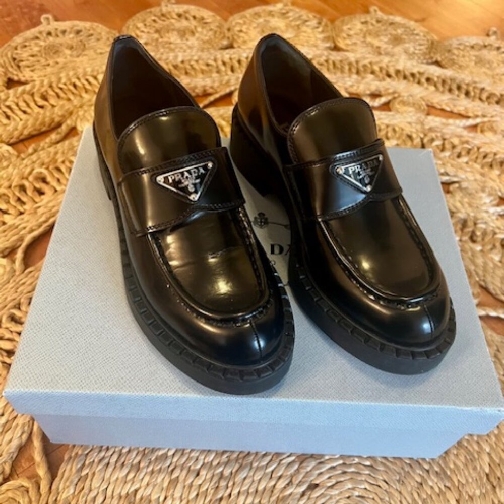 Prada Women's Triangle Logo Loafers Spazzolato Leather Black Size 40
